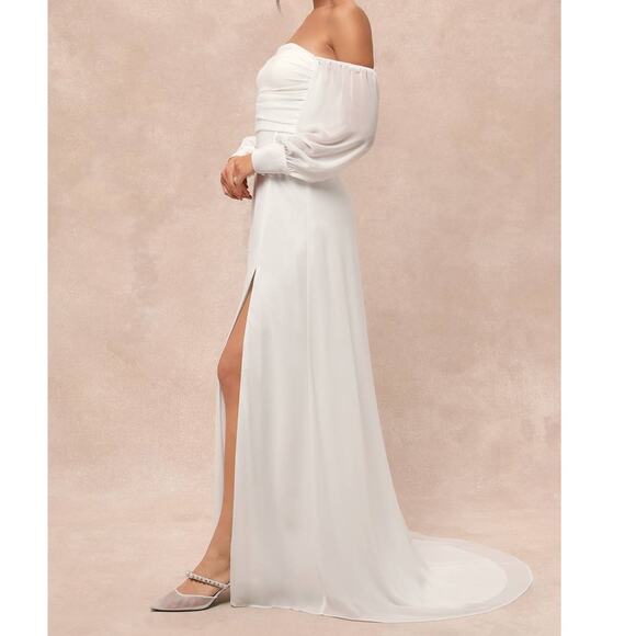 Lulus NWT Adorna White Off-the-Shoulder Semi-Sheer Button Chiffon Maxi Dress XL - Picture 2 of 12